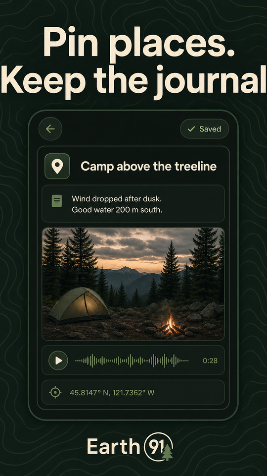 Place journal with a pinned location, notes, and media attachments